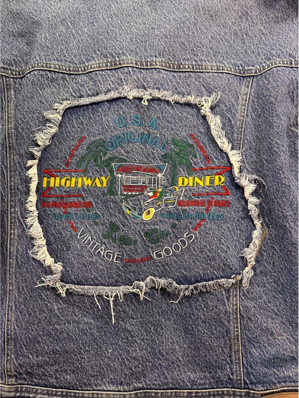 Vintage 1980 Lee Denim Trucker Jacket Highly Unique,Distressed,Embroidery Sz XL